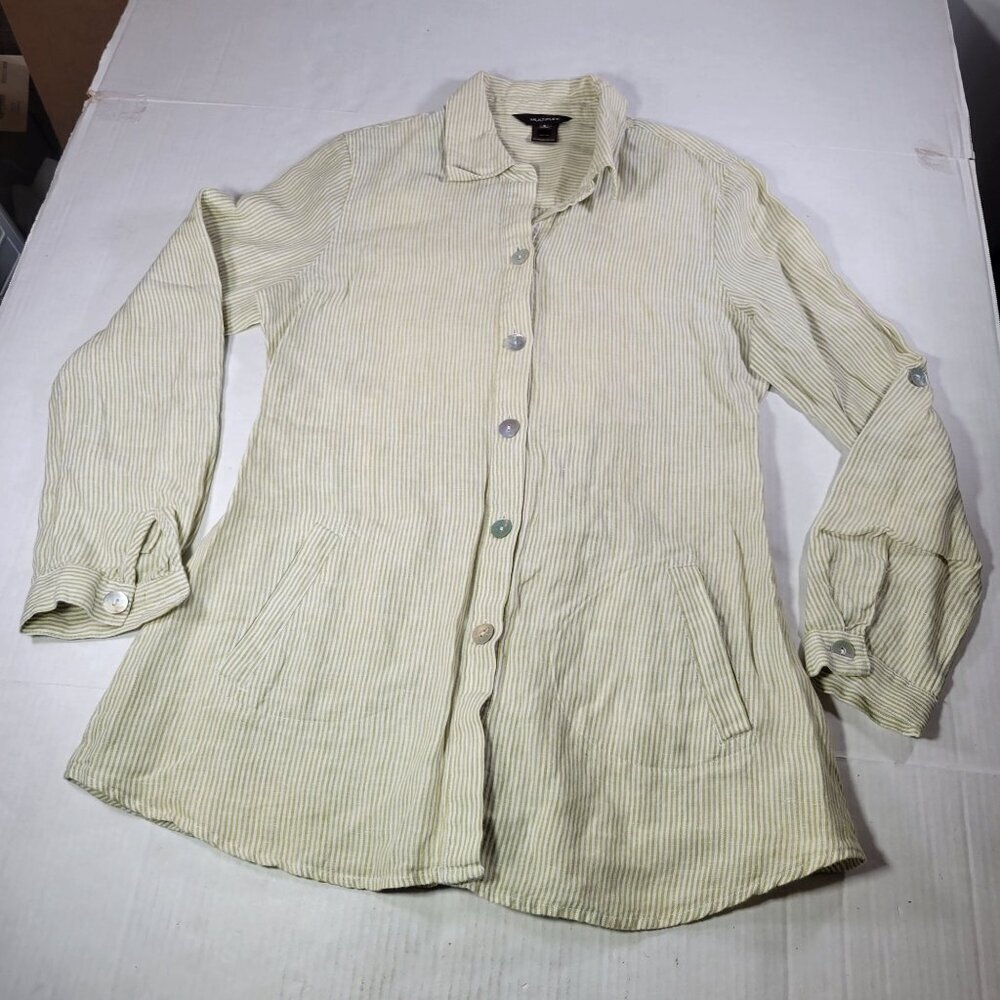 Multiples Light Green & White Striped Linen Button-Up Tunic Shirt Jacket Size S